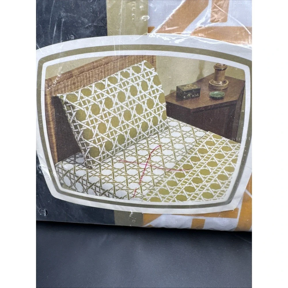 Vintage 70s Bed Sheet FULL FITTED Size Gold Cane Print JC Penny Pennys New